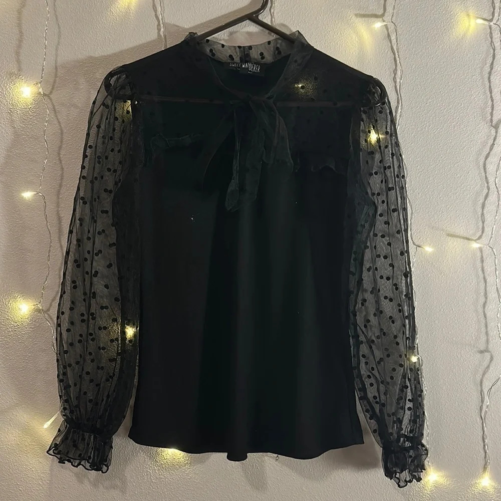 Tie Neck Mesh Sleeve Polka Dot Long Sleeve Top​​​​​​​​​​